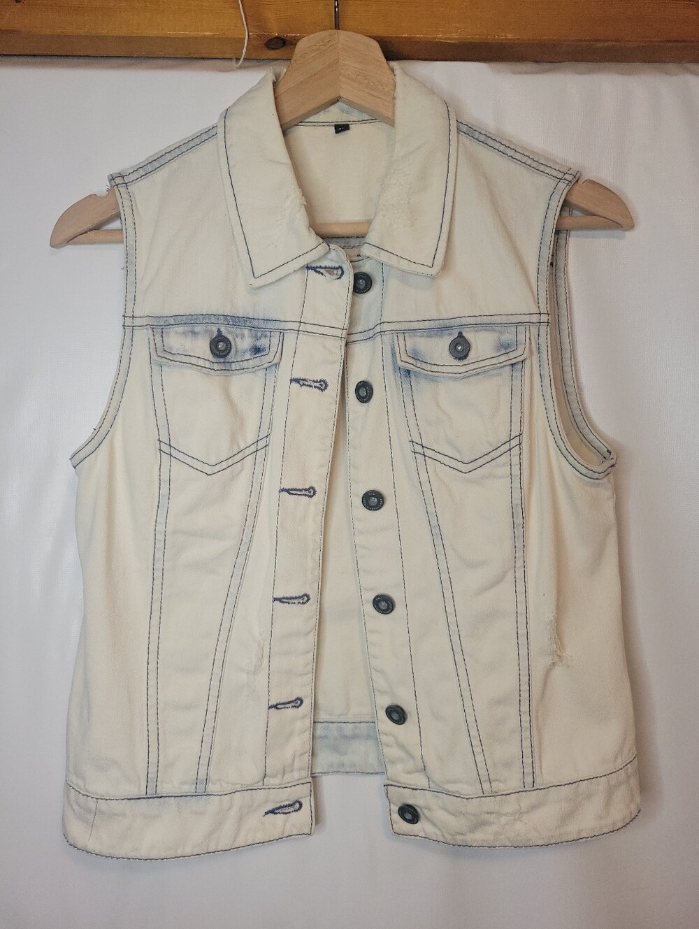 Only Off-White Sleeveless Denim Vest with Contrast Stitching And Distressing